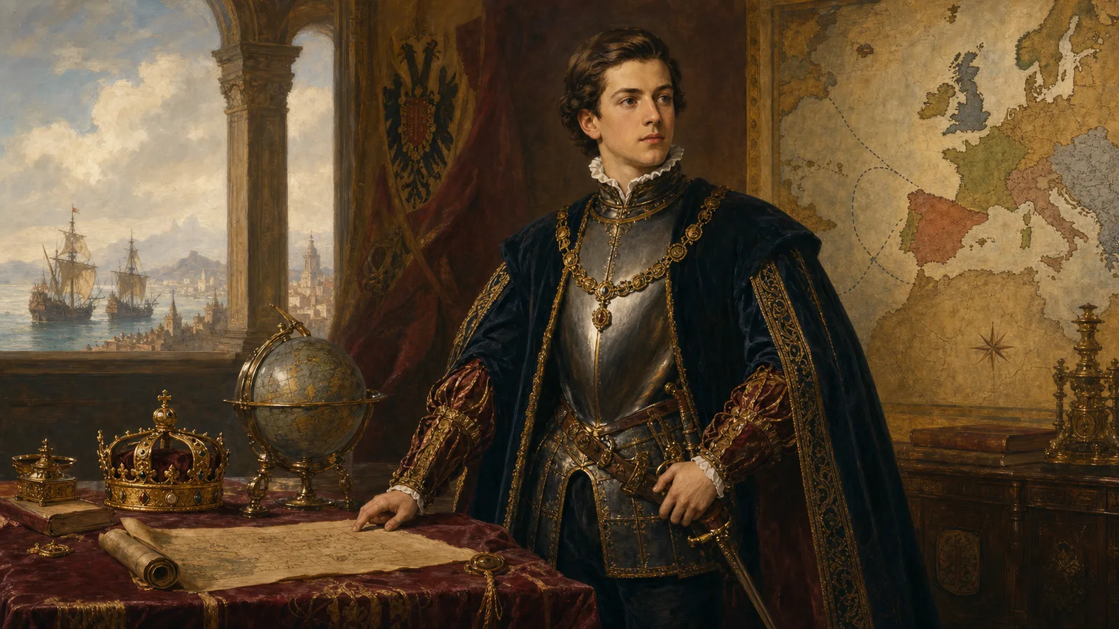Ilustración histórica de Carlos I de España junto a mapas, corona y documentos imperiales