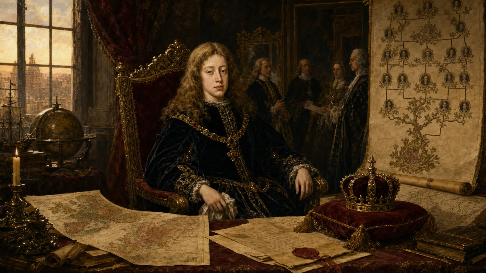 Ilustración histórica de Carlos II de España en una cámara palaciega con documentos sucesorios