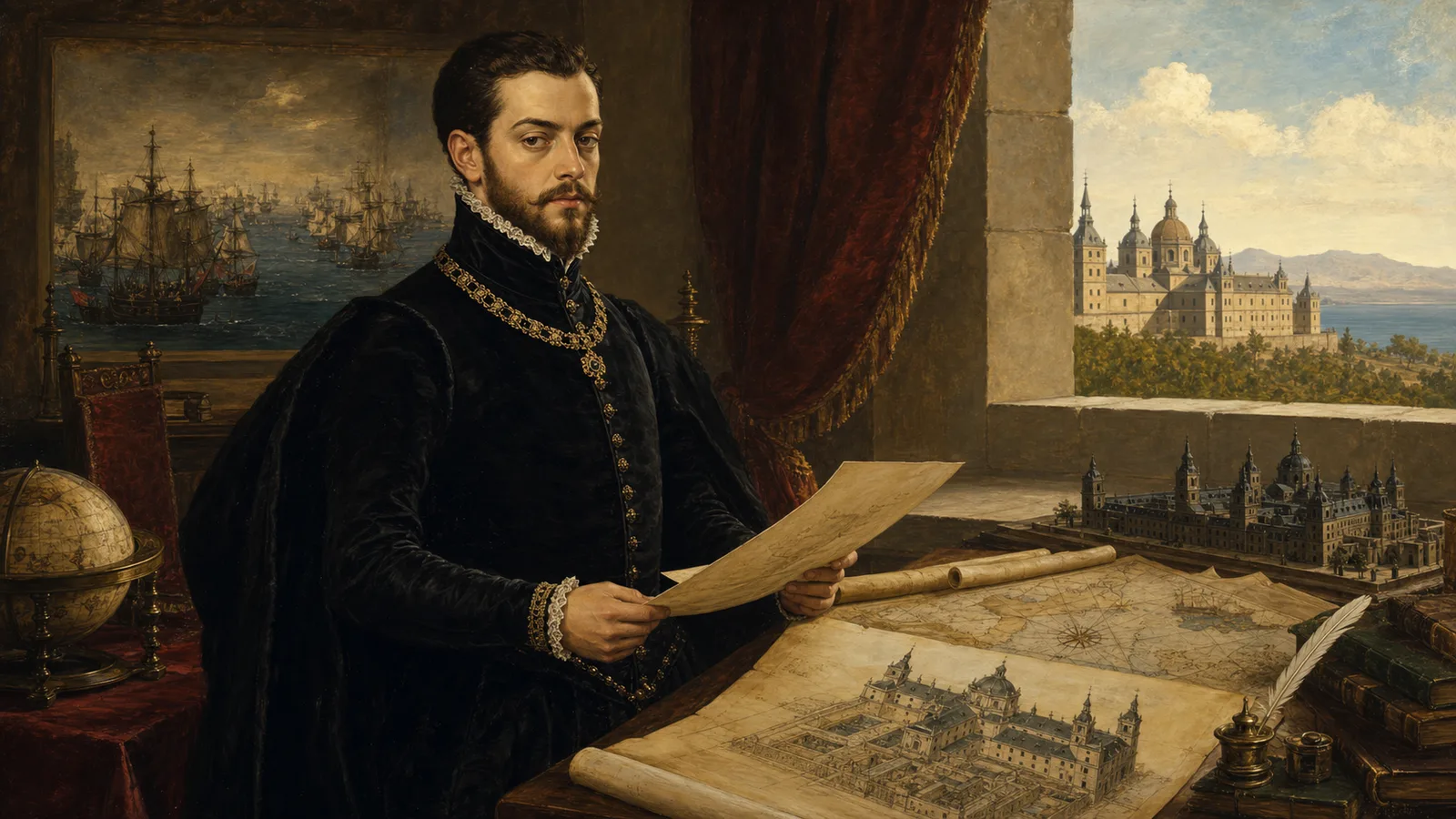 Ilustración histórica de Felipe II de España en un estudio real con planos de El Escorial