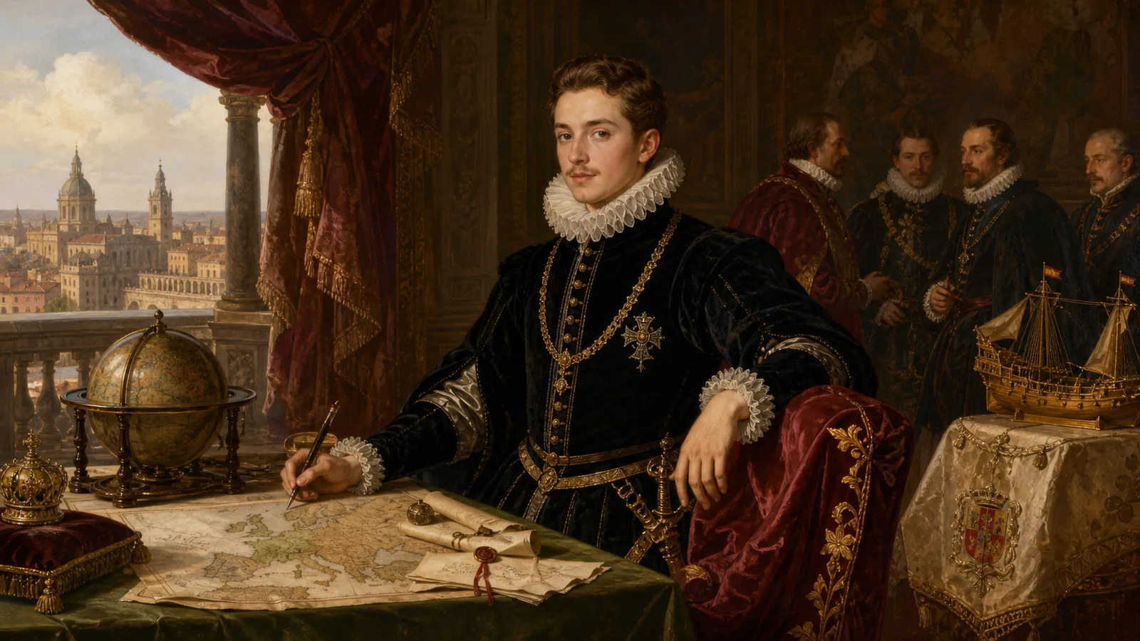 Ilustración histórica de Felipe III de España en una corte del siglo XVII con mapas y documentos