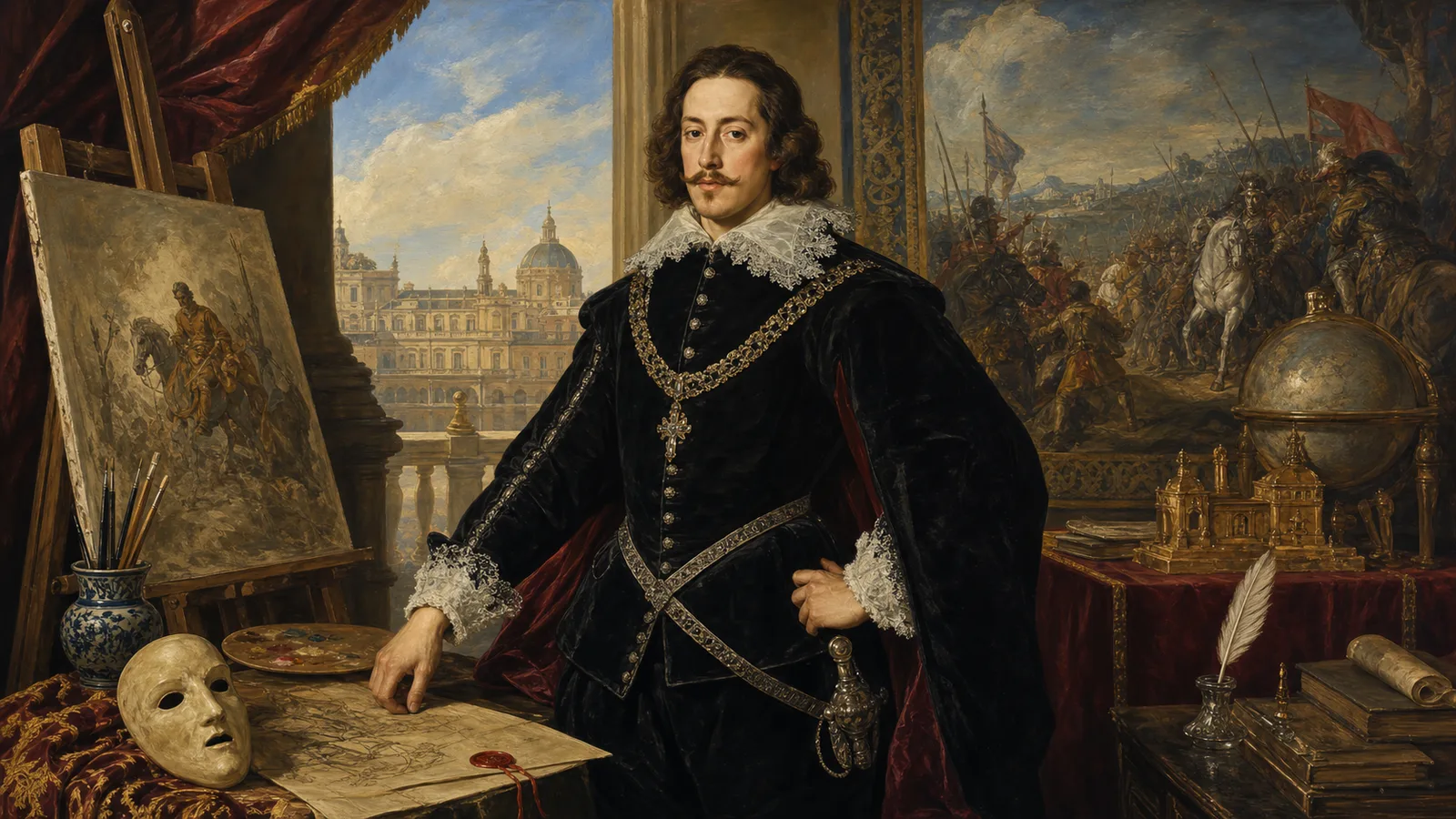 Ilustración histórica de Felipe IV de España en un entorno cortesano del Siglo de Oro