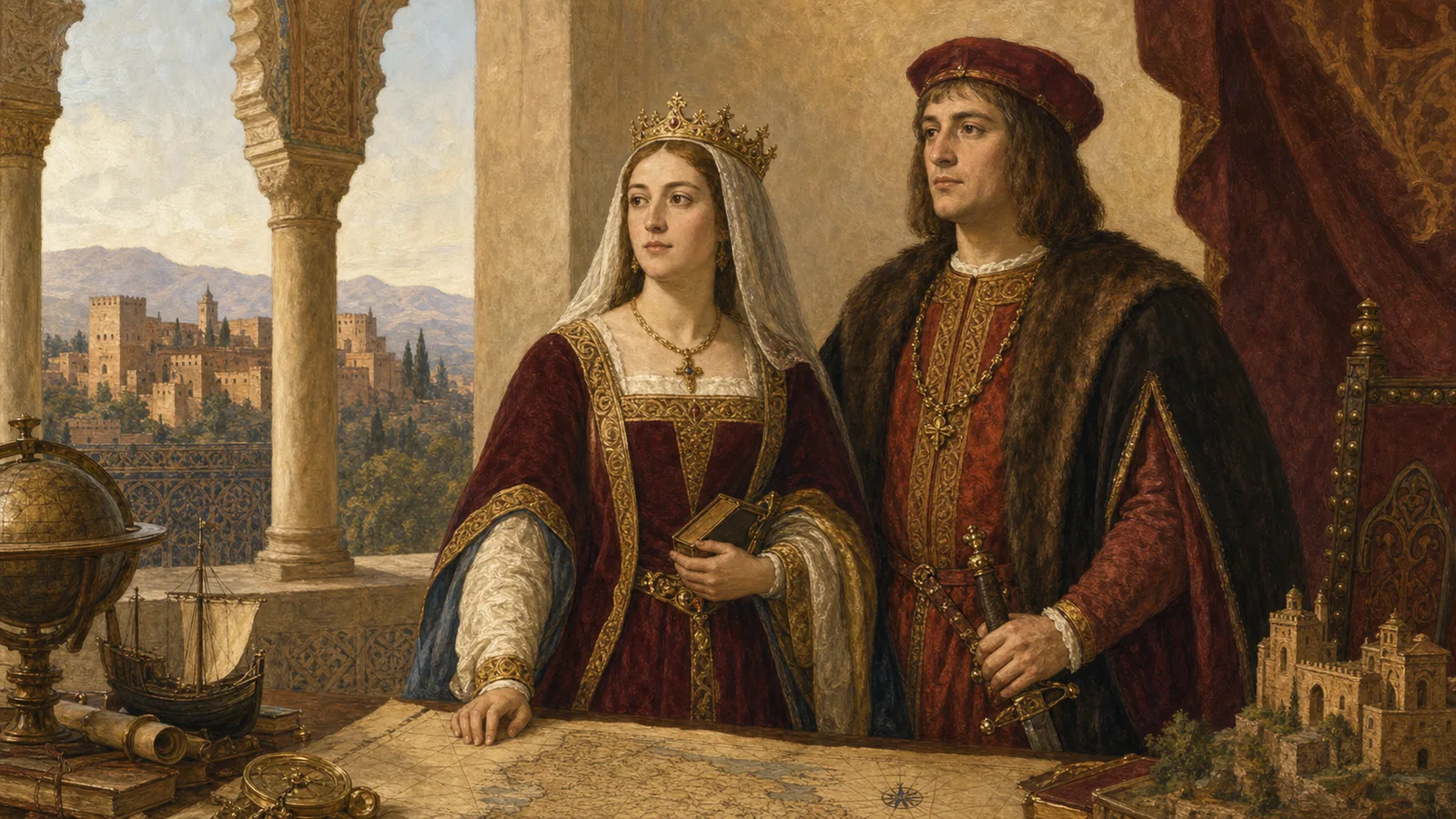 Ilustración histórica de Isabel de Castilla y Fernando de Aragón en una corte del siglo XV
